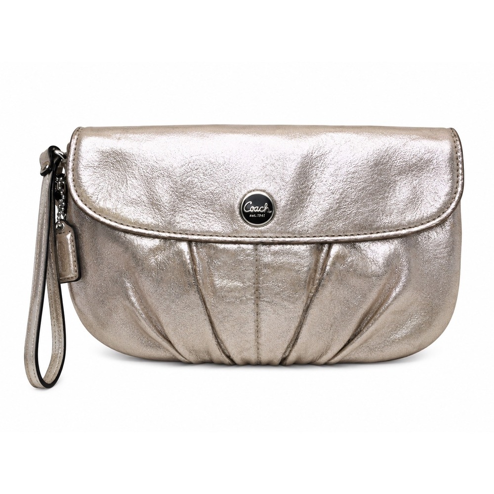 Coach Metallic Champagne Leather Pleated Wristlet Clutch Bag Lavender Interior